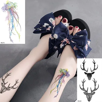 OMMGO Akvarel Medúzy Dočasné Tetovanie Nálepky Ženy Muži Black Falošné Tatoos Body Art Elk Jeleň Rameno Nohu Tetovanie Papier Vložiť