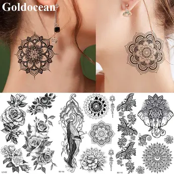 GoldOcean Sexy India Mandala Henna Kvetované Black Falošné Tetovanie Nálepky Čipky Gensha Veľryba Dočasné Tetovanie Tela v Uchu 3D Zápästie Tatto
