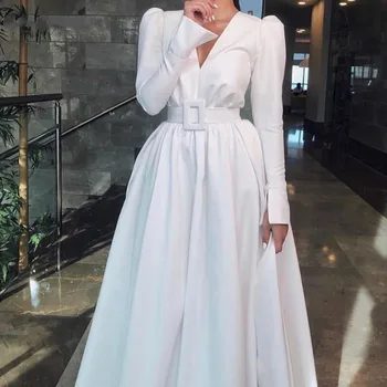 Nové Biele Dlhý Rukáv V Krku Arabčina Večerné Šaty 2021 Satin Dĺžka Podlahy Celebrity Šaty Prom Party Šaty Vestidos De Noiva