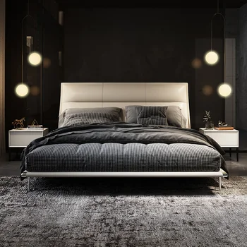 Moderné luxusné kožené postele 1.8 m Nordic jednoduché talianske minimalistický spálňa taliansky priemyselné queen bed