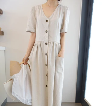 Vintage Bavlna Bielizeň V Krku Dlhé Tričko Šaty 2021 kórejskej Ženy Lete Vysoký Pás A-line Maxi Sundress